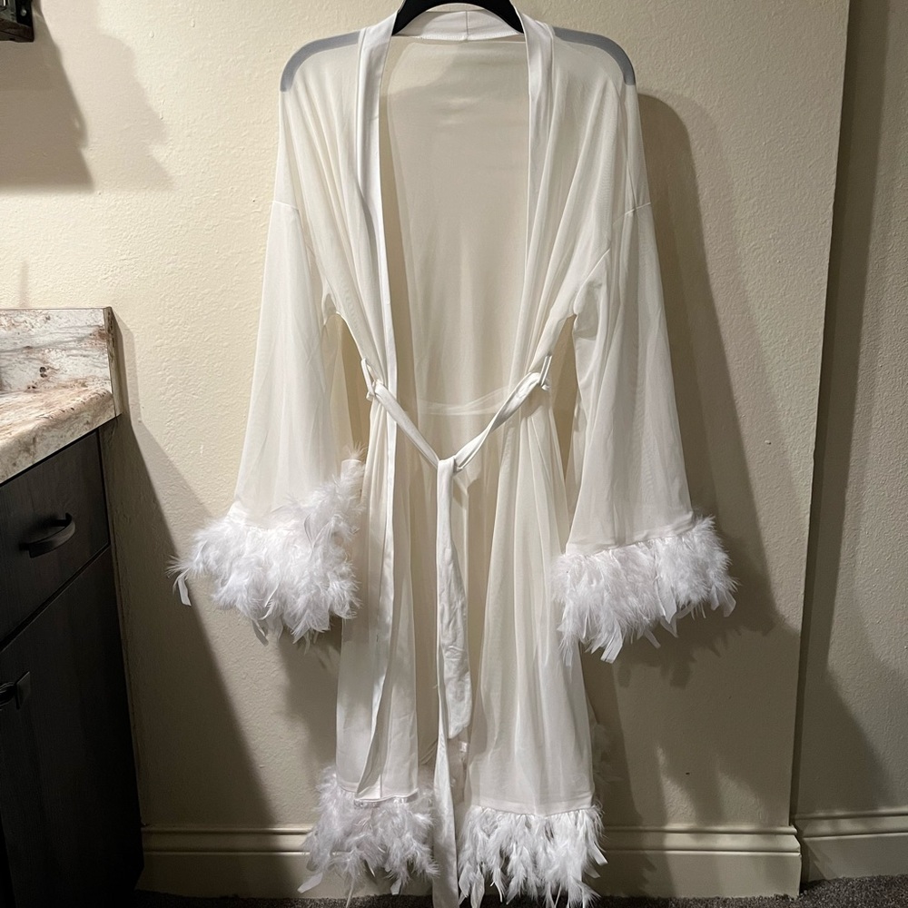 M White sheer robe with feathers